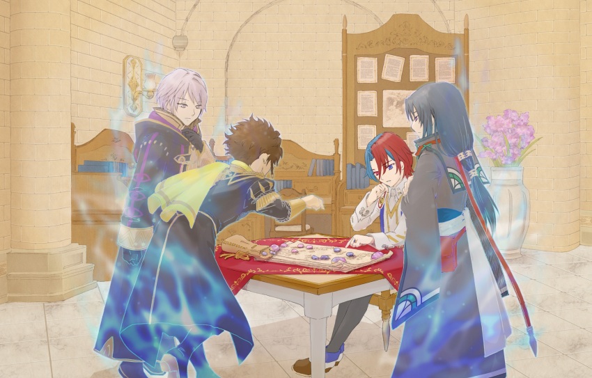4boys male_alear_(fire_emblem) aura blue_eyes brown_hair claude_von_riegan claude_von_riegan_(emblem) commentary_request fire_emblem fire_emblem:_radiant_dawn fire_emblem:_three_houses fire_emblem_awakening fire_emblem_engage highres hood hood_down hooded_coat long_hair male_focus male_robin_(emblem)_(fire_emblem) male_robin_(fire_emblem) multicolored_hair multiple_boys nintendo red_eyes red_hair short_hair soren_(emblem)_(fire_emblem) soren_(fire_emblem) split-color_hair toki_(xxxxxmoe1983oct) two-tone_hair