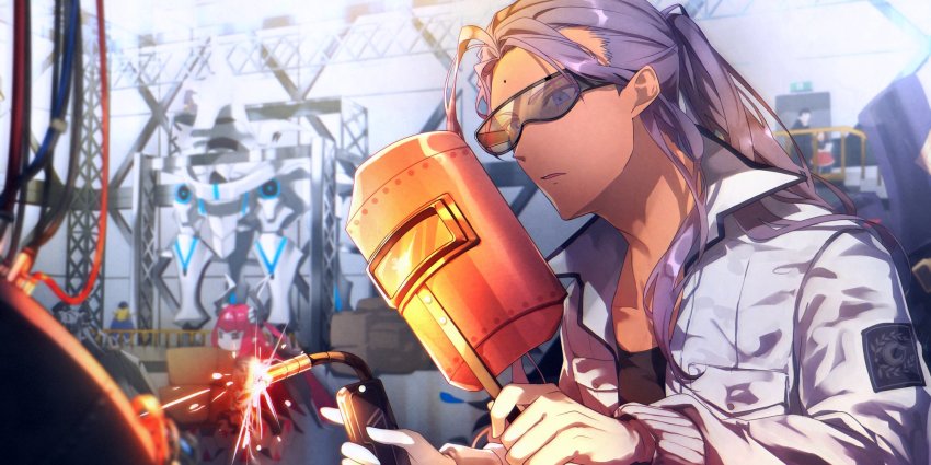 3boys 3girls alternate_costume avicebron_(fate) chen_gong_(fate) elizabeth_bathory_(fate) facial_mark fate/grand_order fate_(series) forehead_mark highres holding leonardo_da_vinci_(fate) mecha mecha_eli-chan_(fate) mecha_eli-chan_mk.ii_(fate) multiple_boys multiple_girls ponytail purple_hair robot sherlock_holmes_(fate) tia_(cocorosso) welding_goggles welding_mask welding_torch