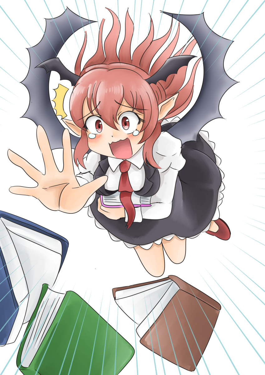 ^^^ absurdres bat_wings black_dress black_wings blush book breasts collared_shirt commentary_request dot_nose dress dress_shirt dropping emphasis_lines eyelashes falling foreshortening frilled_dress frills full_body hair_between_eyes head_wings highres holding holding_book hugging_book hugging_object juliet_sleeves koakuma long_hair long_sleeves medium_breasts namonakisamurai necktie open_book open_mouth outstretched_arm pinafore_dress pointy_ears puffy_sleeves raised_inner_eyebrows red_eyes red_hair red_necktie red_shoes shirt shoes sidelocks simple_background sleeveless sleeveless_dress tears touhou wavy_mouth white_background white_shirt wide-eyed wing_collar wings