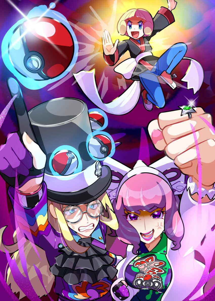 1boy 2girls :d anger_vein arm_up ascot avery_(pokemon) black_ascot black_hat blonde_hair blue_bodysuit blue_eyes bodysuit clenched_hand clenched_teeth dougi glasses gloves greta_(pokemon) hat highres index_finger_raised jacket jewelry klara_(pokemon) long_hair long_sleeves looking_at_viewer mole mole_under_mouth monaka_mom multiple_girls nintendo open_clothes open_jacket open_mouth partially_fingerless_gloves pink_hair poke_ball pokemon pokemon_emerald pokemon_masters_ex pokemon_rse pokemon_swsh purple_eyes red_footwear ring sash shoes short_hair single_glove smile teeth top_hat white_sash