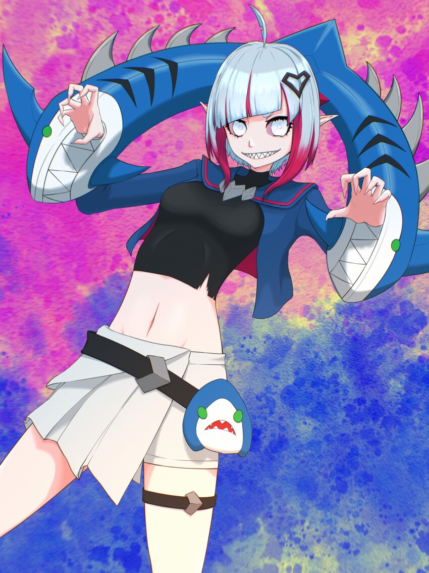 1girl blood_golem briar_(league_of_legends) highres league_of_legends multicolored_hair sharp_teeth shork_cosplay_briar teeth thigh_strap