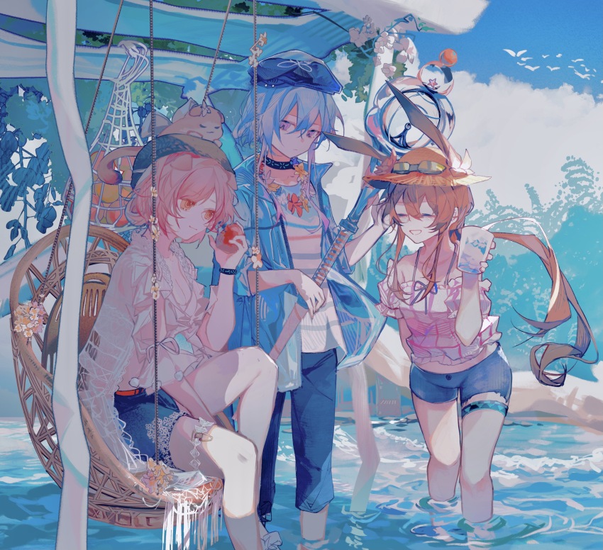 1boy 2girls :d absurdres amiya_(arknights) amiya_(swimsuit)_(arknights) animal animal_ears animal_on_head apple arknights arm_garter bikini bikini_top_only black_headwear blue_hair blue_headwear blue_jacket blue_pants blue_shorts blush breasts brown_hair cat cat_ears cat_on_head cleavage closed_eyes closed_mouth collarbone commentary_request cup female_tourist_a_(arknights) floating_hair flower flower_wreath food fruit goldenglow_(arknights) goldenglow_(summer_flowers)_(arknights) gradient_hair hat highres holding holding_cup holding_food holding_fruit holding_staff infection_monitor_(arknights) jacket large_breasts light_smile long_hair looking_at_another mizuki_(arknights) mizuki_(summer_feast)_(arknights) multicolored_hair multiple_girls net on_head on_swing open_clothes open_jacket open_mouth orange_eyes pants pink_eyes pink_flower pink_hair pink_shirt ponytail rabbit_ears ripples shirt short_hair short_hair_with_long_locks shorts smile staff striped_clothes striped_shirt swimsuit swing vcet wading water white_bikini white_jacket white_shirt