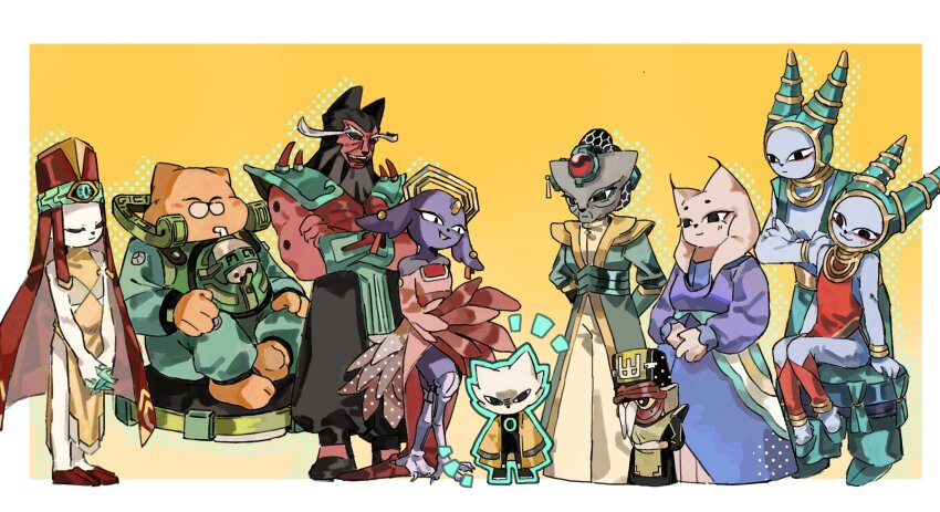 4girls 6+boys aaayamitsu angry black_bodysuit bodysuit border brother_and_sister cat_boy cat_girl chinese_clothes chinese_commentary colored_skin commentary_request dress eigong_(nine_sols) fat fat_man furry furry_male fuxi_(nine_sols) goumang_(nine_sols) gradient_hair harpy hat highres ji_(nine_sols) jiequan_(nine_sols) kuafu_(nine_sols) lady_ethereal looking_at_another monster_girl multicolored_hair multiple_boys multiple_girls nine_sols nuwa_(nine_sols) old old_woman orange_fur outside_border own_hands_together purple_dress purple_fur red_hat red_skin siblings standing v-shaped_eyebrows white_border white_fur yanlao_(nine_sols) yellow_background yi_(nine_sols)