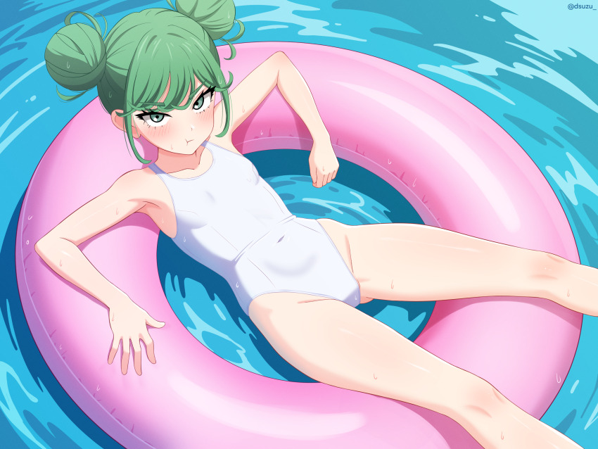 1girl :t afloat bare_arms bare_shoulders blush breasts closed_mouth commentary covered_navel double_bun dsuzu feet_out_of_frame gluteal_fold green_eyes green_hair hair_bun highleg highleg_one-piece_swimsuit highres innertube looking_at_viewer navel one-piece_swimsuit one-punch_man paid_reward_available pout school_swimsuit small_breasts solo swim_ring swimsuit tatsumaki twitter_username v-shaped_eyebrows water water_drop wet white_one-piece_swimsuit