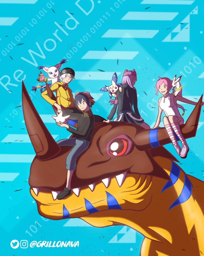 cosplay digimon greymon highres horns kudamon lunamon mameo_(digimon) mameo_(digimon)_(cosplay) original red_eyes rindou_akiho sayo_(digimon) sharp_teeth taiga_(digimon) tailmon teeth tyrannosaurus_rex