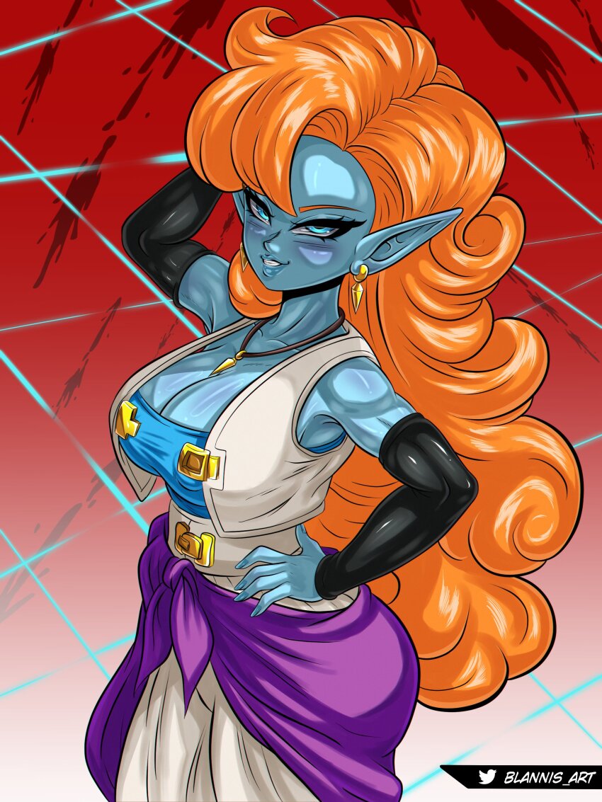 1girl absurdres alien arm_behind_head arm_up artist_name bare_shoulders black_sleeves blannis blue_eyes blue_shirt blue_skin blush breasts cape cleavage collarbone colored_skin cowboy_shot detached_sleeves dragon_ball dragonball_z earrings eyebrows eyelashes female_focus gradient_background grin hand_on_own_hip highres jewelry large_breasts lips long_hair long_pointy_ears looking_at_viewer muscular muscular_arms muscular_female naughty_face necklace orange_hair pants pointy_ears purple_cape red_background shirt simple_background smile solo standing strapless strapless_shirt teeth two-tone_background vest waist_cape wavy_hair white_background white_pants white_vest zangya