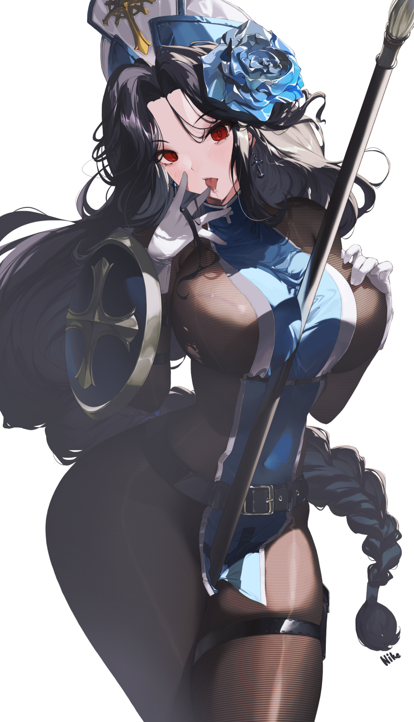 1girl absurdres black_hair bodystocking braid braided_ponytail breasts commentary cross cross_earrings earrings goddess_of_victory:_nikke hat highres ice_flower jewelry maiden_(ice_rose)_(nikke) maiden_(nikke) nike_(nike1060) official_alternate_costume red_eyes simple_background solo tongue tongue_out torn_bodystocking torn_clothes white_background