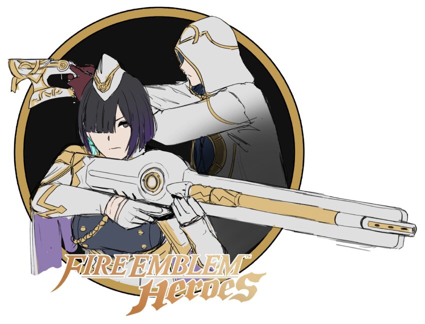 1boy 1girl black_hair blue_hair colored_inner_hair copyright_name fire_emblem fire_emblem_heroes garrison_cap gun hair_over_one_eye hat highres hodr_(fire_emblem) holding holding_gun holding_weapon hood hood_up hooded_robe kiran_(fire_emblem) male_kiran_(fire_emblem) lynarc multicolored_hair nintendo rifle robe weapon