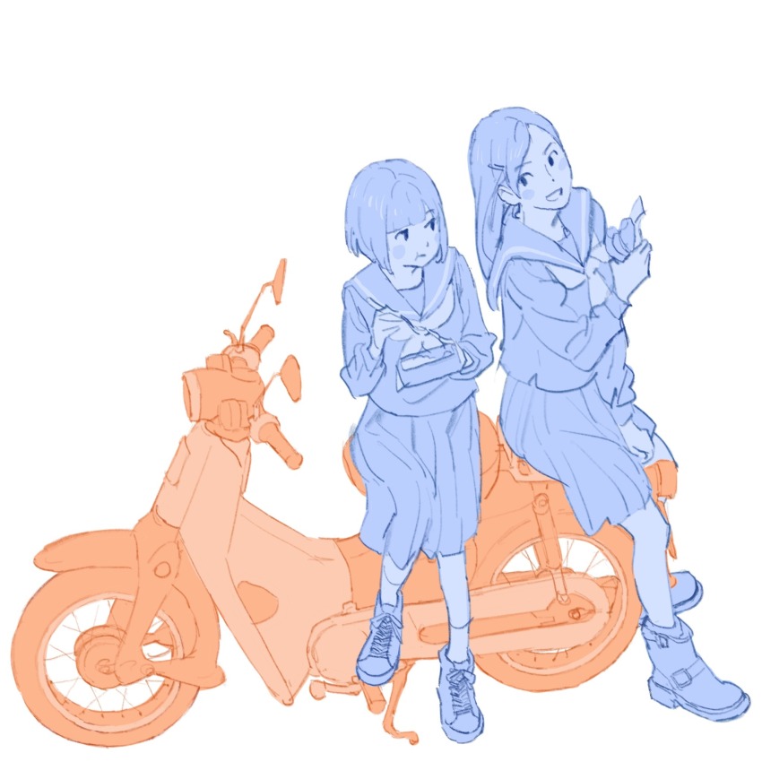 2girls 55bata6rou bento boots eating full_body highres honda_super_cub koguma_(super_cub) long_hair long_sleeves looking_at_another motor_vehicle motorcycle multiple_girls neckerchief on_motorcycle open_mouth pleated_skirt reiko_(super_cub) sailor_collar school_uniform serafuku shirt shoes short_hair simple_background sitting skirt smile sneakers super_cub white_background
