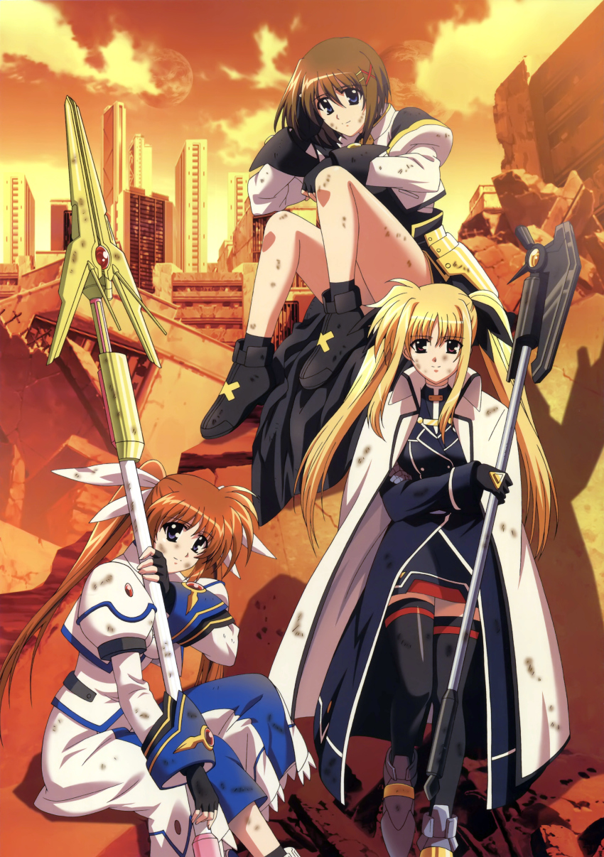00s 3girls absurdres bardiche_(assault_form)_(nanoha) bardiche_(nanoha) black_legwear blonde_hair blue_eyes boots brown_hair cape coat dirty dirty_clothes dirty_face dress fate_testarossa fate_testarossa_(impulse_form) fingerless_gloves gauntlets gloves hair_ornament hair_ribbon highres jacket komori_atsushi long_hair looking_at_viewer lyrical_nanoha magical_girl mahou_shoujo_lyrical_nanoha_strikers multiple_girls official_art open_clothes open_jacket orange_hair planet ponytail purple_eyes raising_heart raising_heart_(exceed_mode) red_eyes red_hair ribbon short_hair single_gauntlet single_glove sitting skirt smile staff sunset takamachi_nanoha takamachi_nanoha_(exceed_mode) thighhighs twintails waist_cape x_hair_ornament yagami_hayate zettai_ryouiki