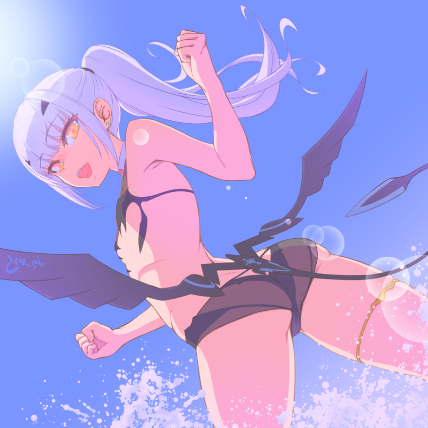 1girl ass bikini black_bikini blue_sky breasts fate/grand_order fate_(series) hand_up highres long_hair looking_at_viewer low_wings melusine_(fate) melusine_(swimsuit_ruler)_(fate) melusine_(swimsuit_ruler)_(first_ascension)_(fate) murakumo_takeru open_mouth ponytail sky small_breasts smile solo swimsuit tail water white_hair wings yellow_eyes