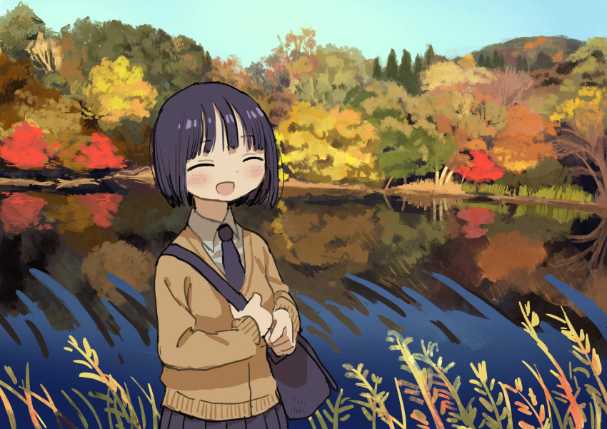 1girl :d autumn autumn_leaves bag black_hair blunt_bangs blush bob_cut brown_cardigan cardigan dot_nose highres lake leaf mountain necktie open_mouth original outdoors pleated_skirt reflection reflective_water school_bag school_uniform skirt smile solo zinbei