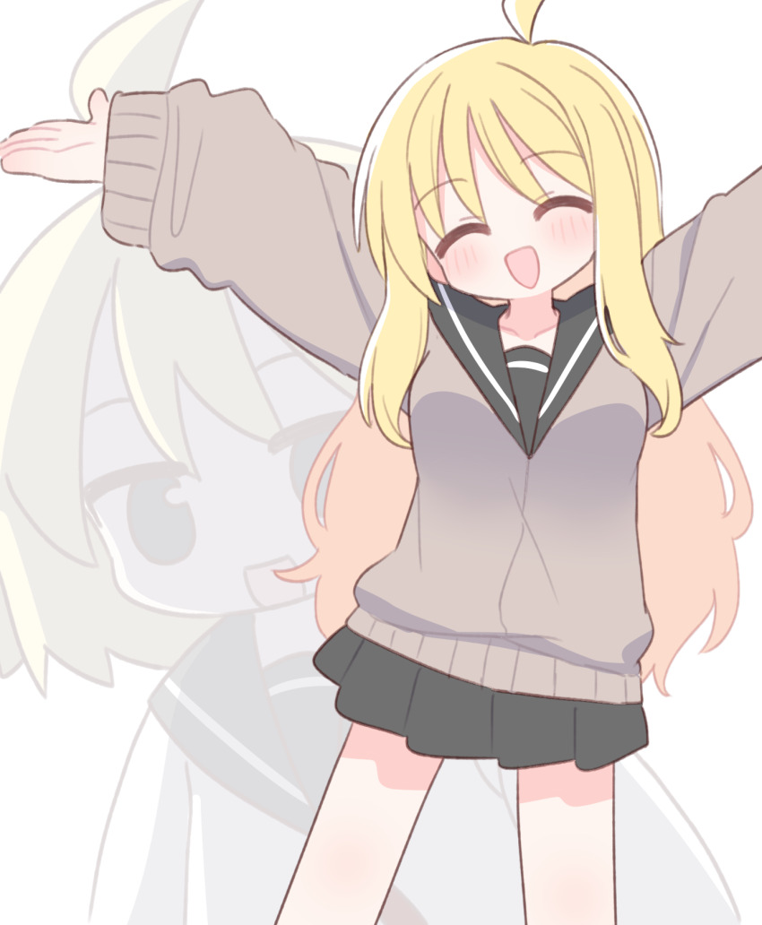 2girls :d ^_^ ahoge arms_up black_sailor_collar black_skirt blonde_hair blush breasts brown_sweater closed_eyes commentary_request dual_persona facing_viewer highres long_hair long_sleeves multiple_girls naga_u null-meta open_mouth pleated_skirt projected_inset puffy_long_sleeves puffy_sleeves revision sailor_collar school_uniform serafuku simple_background skirt small_breasts smile sweater uozumi_kurumi very_long_hair white_background