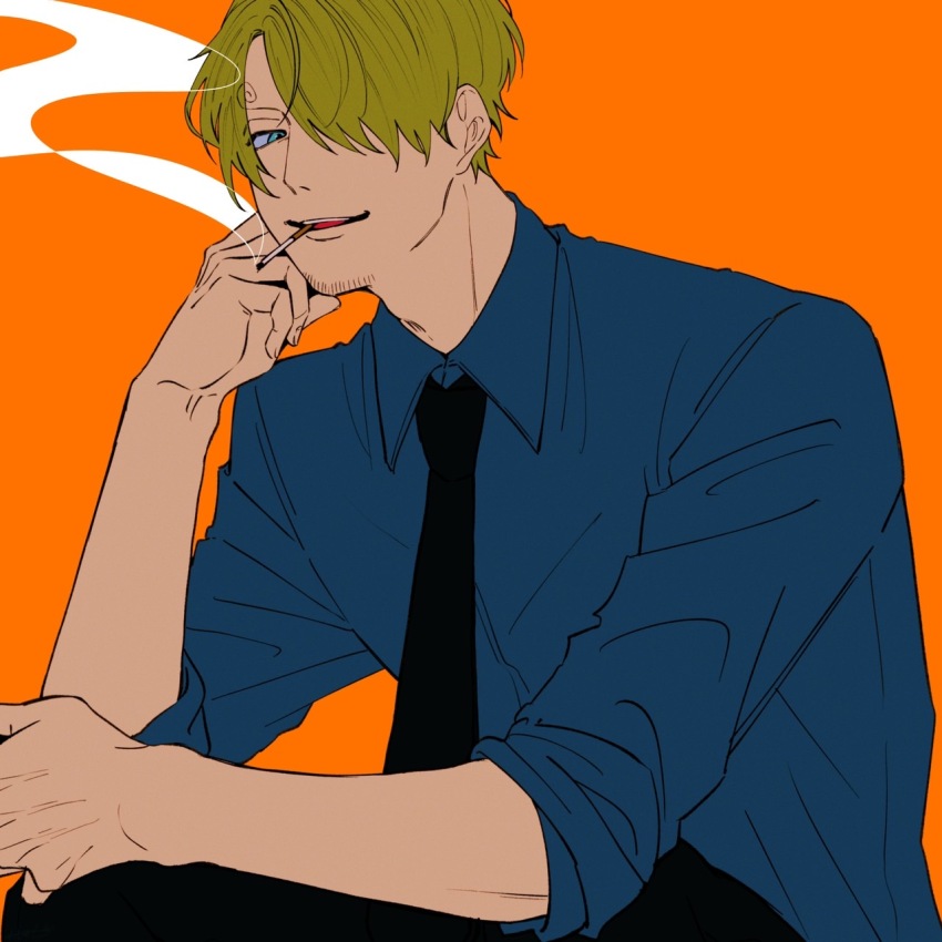 1boy arm_up beard_stubble black_necktie black_pants blonde_hair blue_eyes blue_shirt cigarette collared_shirt commentary curly_eyebrows elbow_on_leg facial_hair hair_over_one_eye hand_on_own_face head_rest highres male_focus necktie one_eye_covered one_piece orange_background pants parted_lips sanji_(one_piece) shirt short_hair simple_background sitting sleeves_rolled_up smoke smoke_trail solo stubble symbol-only_commentary teeth upper_teeth_only wavi_savi wing_collar
