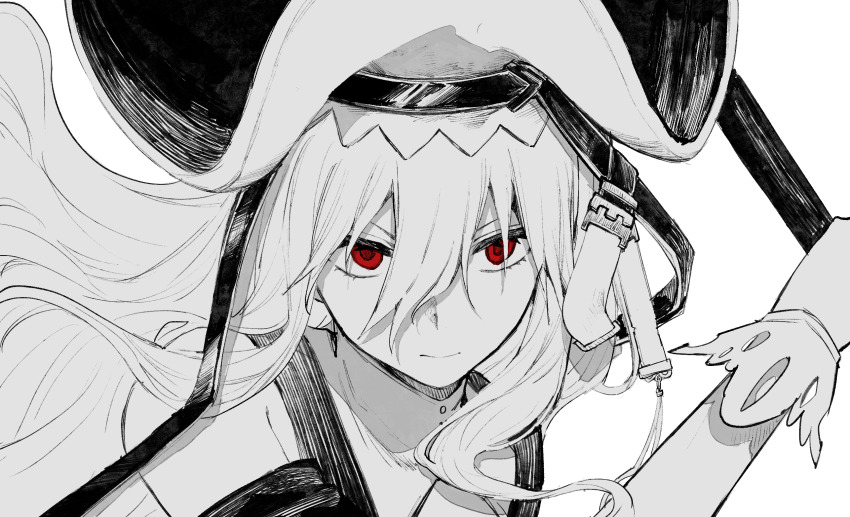 1girl arknights chinese_commentary closed_mouth commentary_request greyscale hair_between_eyes hat hatching_(texture) highres holding linear_hatching long_bangs long_hair looking_at_viewer monochrome red_eyes simple_background solo specter_(arknights) specter_the_unchained_(arknights) spot_color upper_body white_background xiaoqiu990_(riku9)