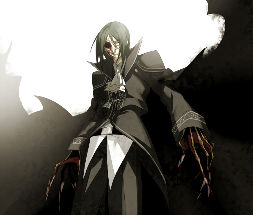 1boy ascot claws collared_jacket european_clothes fate/grand_order fate_(series) green_hair grey_pants half_mask high_collar highres jacket long_sleeves male_focus mask ne_dzumi pants parted_bangs phantom_of_the_opera_(fate) red_eyes solo white_ascot