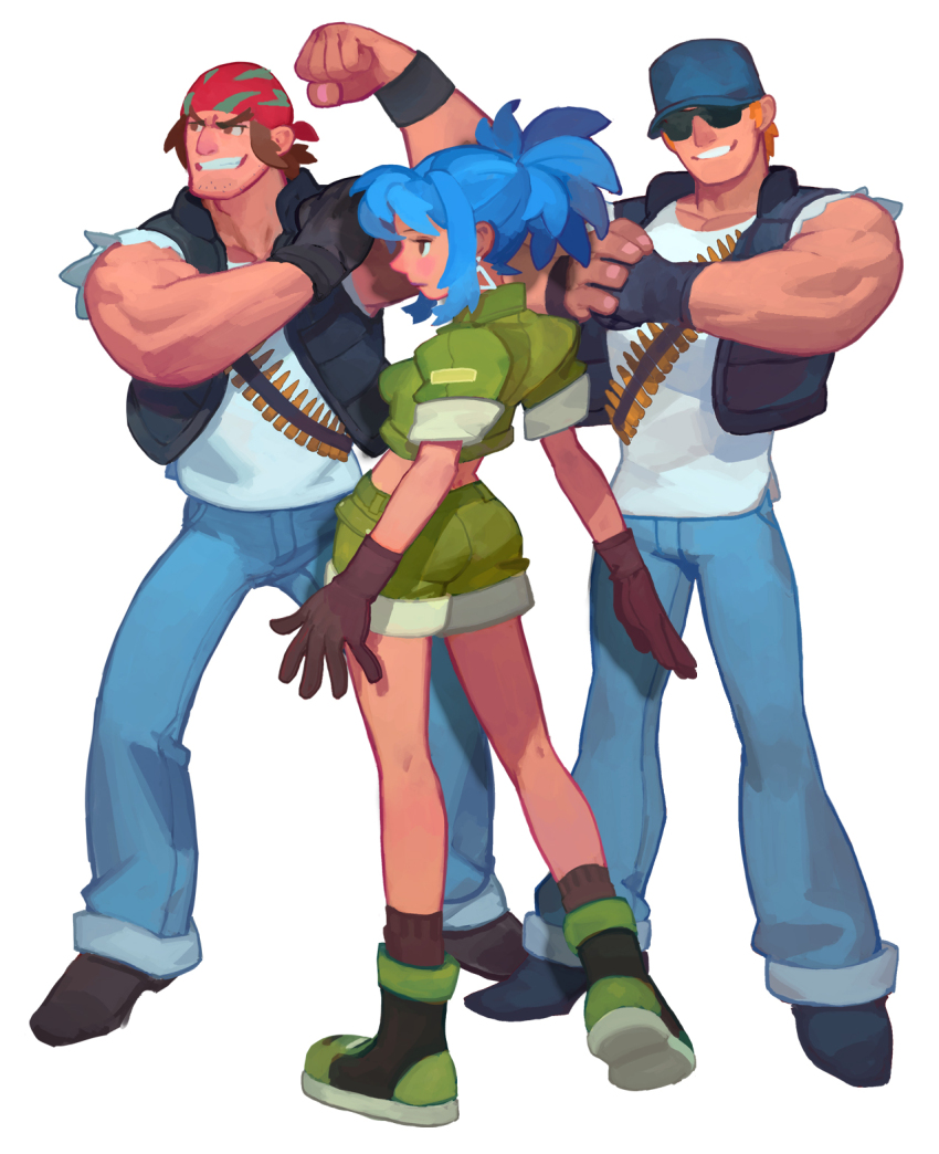 1girl 2boys ammunition ammunition_belt ass bandana baseball_cap black_footwear blonde_hair blue_eyes blue_hair breasts brown_hair bullet clark_still denim earrings fl_(l-fl) full_moon gloves green_jacket green_shorts hat highres ikari_warriors jacket jeans jewelry leona_heidern medium_breasts moon multiple_boys muscular pants ponytail ralf_jones shirt shorts simple_background sleeveless smile sunglasses the_king_of_fighters triangle triangle_earrings vest white_background white_shirt