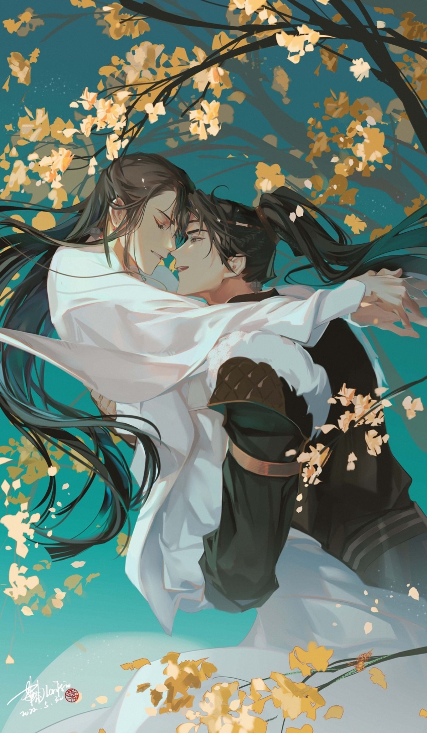 2boys arm_around_shoulder armor black_eyes black_hair black_hanfu black_sash blue_background braid chinese_clothes chinese_commentary closed_eyes cowboy_shot earrings fur_trim ginkgo_leaf ginkgo_tree hand_on_another&#039;s_back hanfu headband high_ponytail highres jewelry lanfsir leaf long_hair long_sleeves looking_at_another male_focus multiple_boys multiple_braids open_mouth ponytail qiang_jin_jiu sash shen_zechuan shoulder_armor smile tree white_hanfu xiao_chiye yaoi