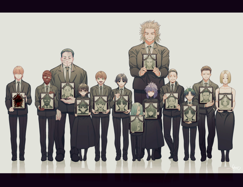 3girls 6+boys aqua_hair bandaged_head bandages bare_shoulders black_dress black_footwear black_hair black_necktie black_pants black_suit bob_cut bonolenov_ndongo boots brown_hair chrollo_lucilfer collared_shirt cross drawing_(object) dress dress_shirt earrings facial_mark facial_scar feitan_portor forehead_mark formal_clothes franklin_bordeau funeral funeral_dress glasgow_smile glasses green_hair hair_over_one_eye hair_over_shoulder hair_pulled_back hair_slicked_back highres hisoka_morow holding hunter_x_hunter iei jewelry korutopi letterboxed lineup long_sleeves machi_komacine male_focus motakokun multiple_boys multiple_girls necktie nobunaga_hazama odd_one_out one_eye_covered pakunoda pants parted_bangs phinks_magcub purple_hair round_eyewear scar scar_on_cheek scar_on_face scar_on_forehead scar_on_nose shalnark shirt shizuku_murasaki shoes short_hair sidelocks sleeveless sleeveless_dress smile split_mouth standing straight-on suit uvogin white_background white_shirt