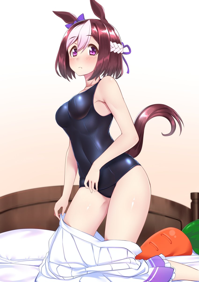 1girl a9b_(louis814) absurdres animal_ears bed blue_one-piece_swimsuit brown_hair carrot commentary_request commission full_body gradient_background highres horse_ears horse_girl horse_tail kneeling looking_at_viewer multicolored_hair one-piece_swimsuit pillow pleated_skirt school_swimsuit skeb_commission skirt unworn_skirt solo special_week_(umamusume) swimsuit tail two-tone_hair umamusume white_hair white_skirt