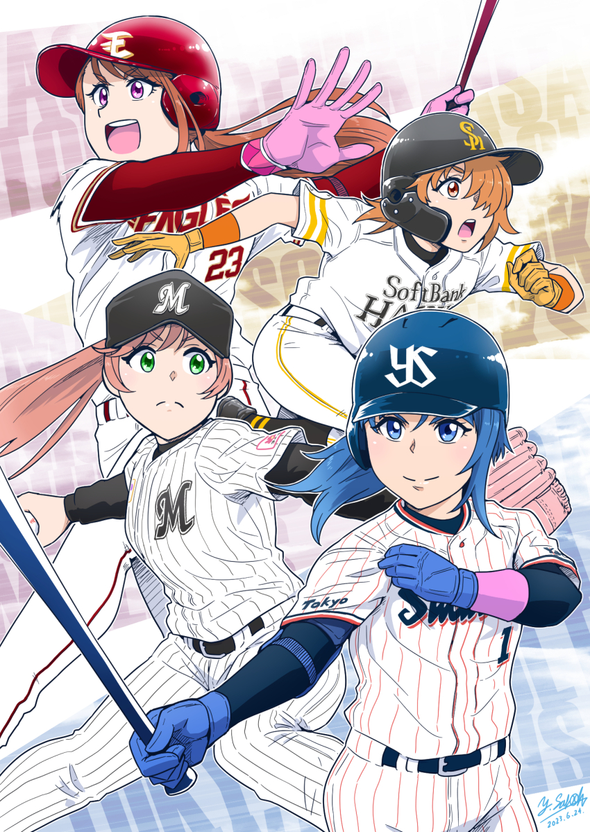 1boy 3girls alternate_hairstyle baseball baseball_bat baseball_cap baseball_glove baseball_helmet baseball_uniform belt black_belt black_headwear black_shirt blue_eyes blue_gloves blue_hair blue_headwear brown_hair chiba_lotte_marines commentary emblem frown fukuoka_softbank_hawks gloves green_eyes hair_up hat helmet highres hijiri_ageha hirogaru_sky!_precure holding holding_baseball_bat layered_sleeves long_hair long_sleeves medium_hair multiple_girls nijigaoka_mashiro nippon_professional_baseball open_mouth orange_eyes orange_gloves orange_hair pants pink_gloves pink_hair ponytail precure purple_eyes red_headwear red_shirt running satou_yasu shirt short_hair short_over_long_sleeves short_sleeves smile sora_harewataru sportswear striped_clothes striped_pants striped_shirt swinging throwing tokyo_yakult_swallows touhoku_rakuten_golden_eagles vertical-striped_clothes vertical-striped_pants vertical-striped_shirt white_pants white_shirt yuunagi_tsubasa