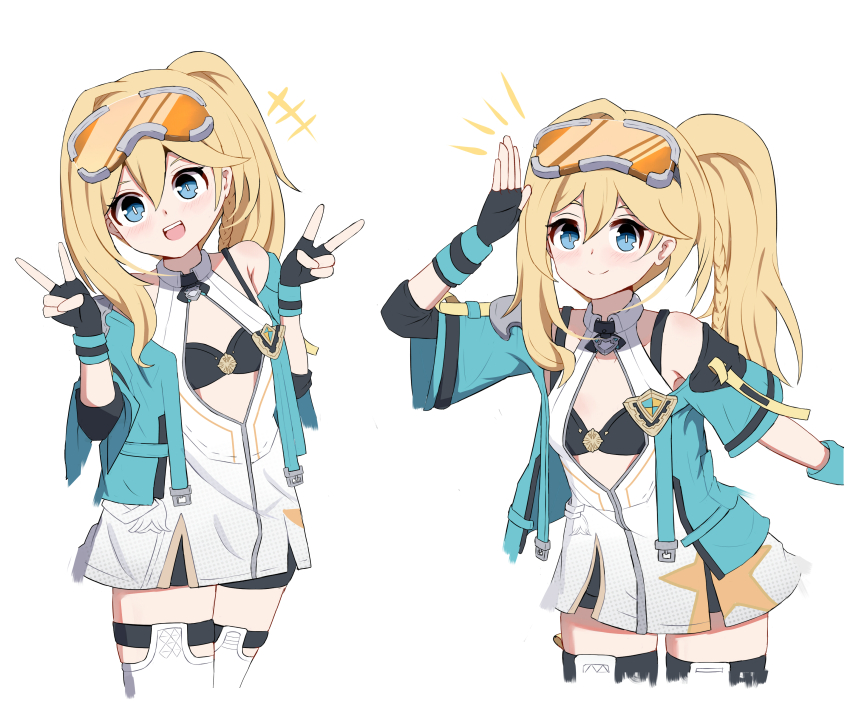 +++ 1girl :d absurdres aged_down aqua_jacket bare_shoulders black_bra black_gloves black_shorts blonde_hair blue_eyes bra bright_pupils center_opening closed_mouth commentary cowboy_shot double_v dress durandal_(honkai_impact) durandal_(reign_solaris)_(honkai_impact) fingerless_gloves flat_chest gloves goggles goggles_on_head hair_between_eyes hand_up highres honkai_(series) honkai_impact_3rd jacket light_blush long_hair marin_liekuriva multiple_views open_clothes open_jacket open_mouth orange-tinted_eyewear short_dress shorts smile thighs tinted_eyewear underwear v white_dress white_pupils