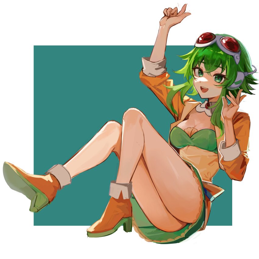 1girl absurdres artist_request ass ass_focus breasts green_eyes green_hair gumi high_heels highres jacket legs legs_up orange_jacket short_hair vocaloid