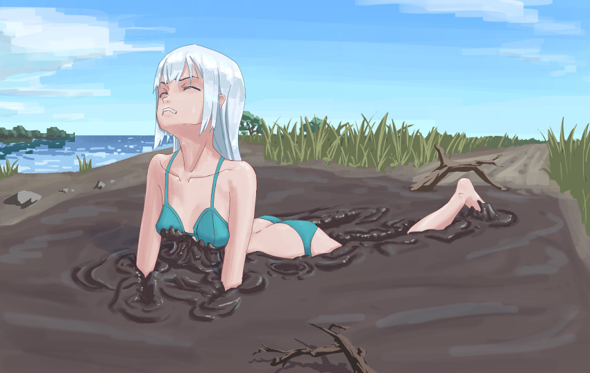 1girl ass bare_legs bare_shoulders blue_sky bra branch breasts butt_crack cleavage clenched_teeth closed_eyes cloud cloudy_sky collarbone fallen_down grass grimace highres imwyp53 lake landscape leg_up lying mud on_stomach original outdoors path plant quicksand road sidelocks sky small_breasts struggling stuck sweat sweatdrop teeth tripping underwear water white_hair
