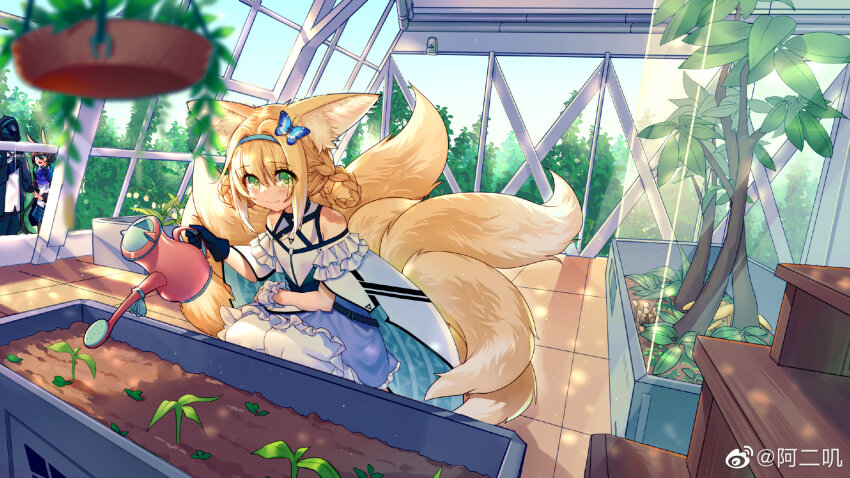 1girl 1other aer_(tengqiu) animal_ear_fluff animal_ears arknights bare_shoulders black_gloves blonde_hair blue_hairband blurry blurry_foreground braid braided_hair_rings butterfly_ornament closed_mouth curtains day depth_of_field doctor dress flower flower_pot fox_ears fox_girl fox_tail frills gloves green_eyes hair_between_eyes hair_ribbon hair_rings hairband highres holding indoors kitsune kyuubi lily_of_the_valley looking_at_viewer multiple_tails pantyhose plant potted_plant ribbon seiza shirt single_glove sitting skirt smile solo suzuran_(arknights) tail tree watering watering_can watermark weibo_watermark white_pantyhose white_shirt window