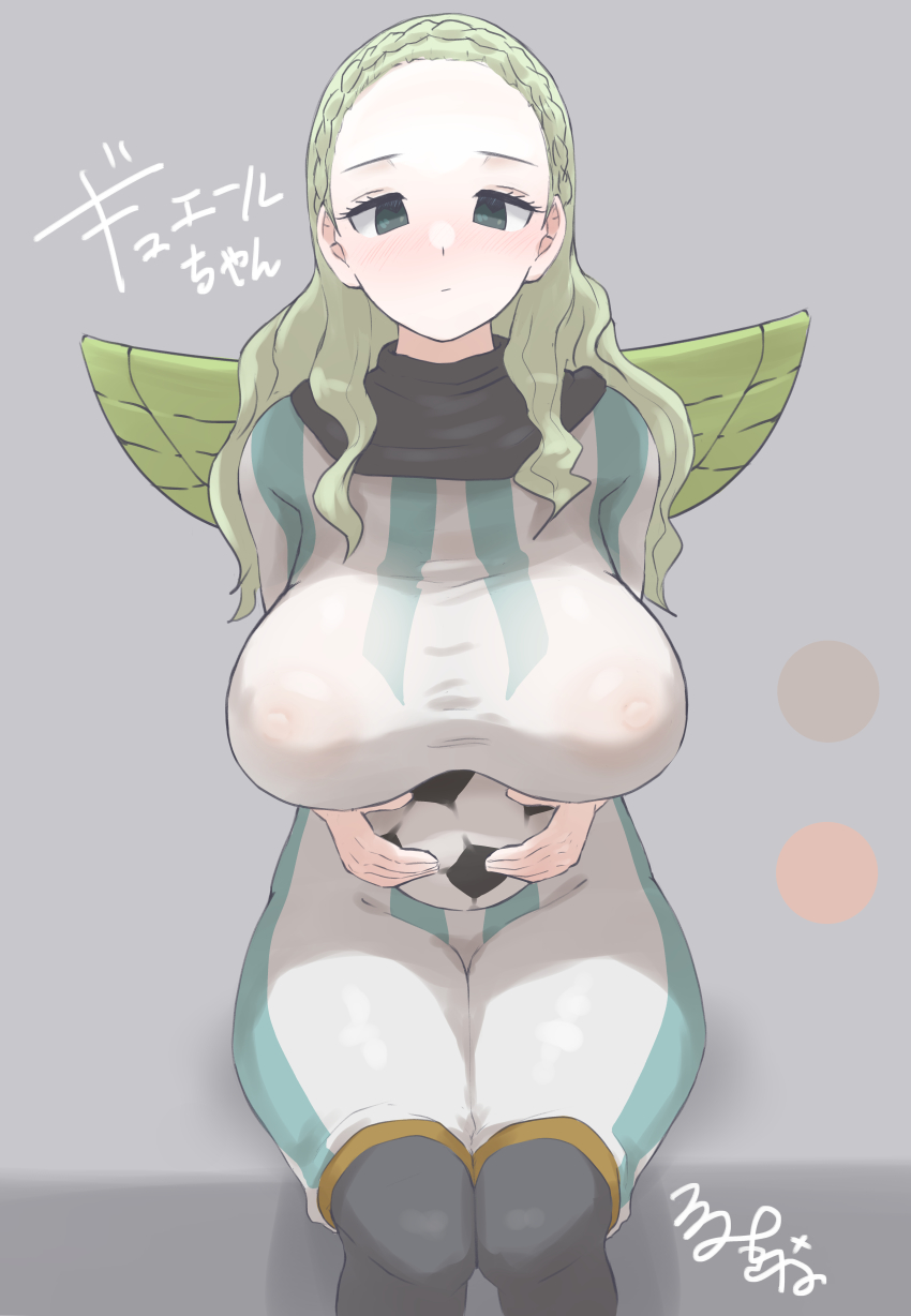 1girl absurdres ball blush braid closed_mouth covered_erect_nipples eyelashes green_eyes green_hair grey_background guel highres holding holding_ball inazuma_eleven inazuma_eleven_(series) large_areolae light_green_hair long_hair looking_at_viewer mini_wings see-through_clothes signature simple_background sitting soccer_ball solo tsurumi_kazane wings