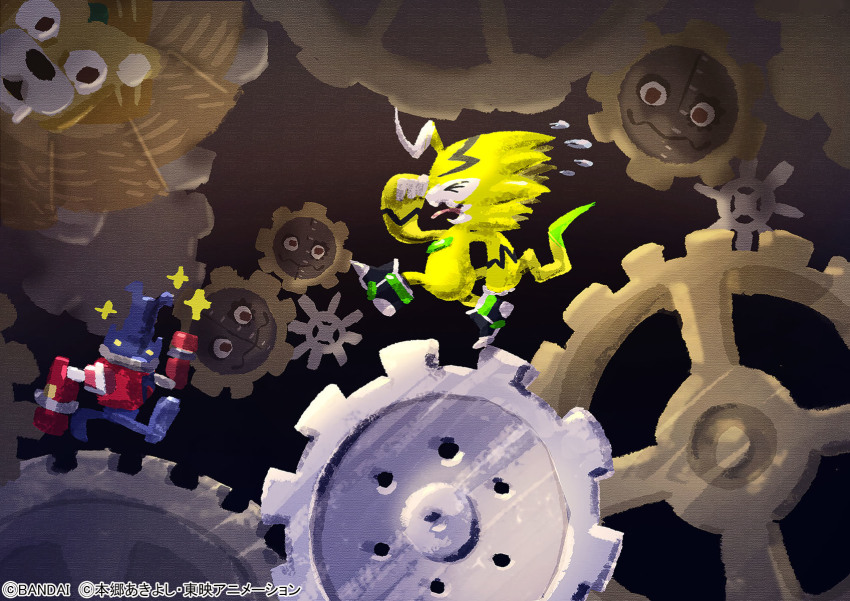 android ballistamon bandai claws copyright_name digimon digimon_(creature) emphasis_lines fangs full_body gears hagurumon highres loaderleomon official_art pulsemon running sharp_teeth spiked_hair sweat sweatdrop tail teeth