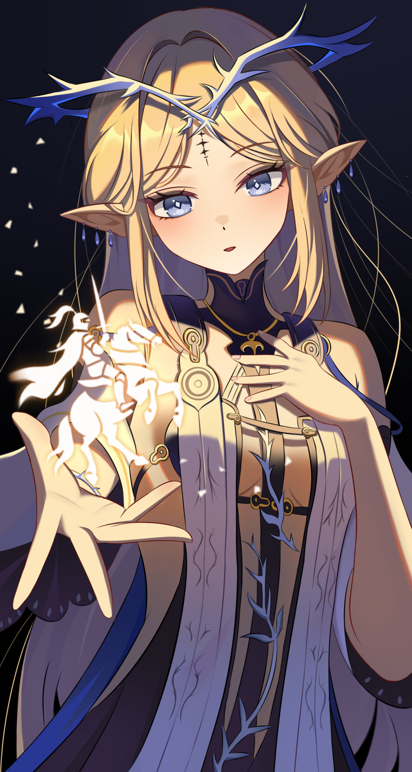 1girl absurdres bare_shoulders black_collar black_dress blonde_hair blue_eyes breasts cartethyia_(wuthering_waves) collar commentary crown_of_thorns dress earrings hand_on_own_chest highres jewelry kenomotsu_yukuwa long_hair looking_at_viewer parted_lips pointy_ears sidelocks small_breasts solo tabard tacet_mark_(wuthering_waves) upper_body very_long_hair white_tabard wuthering_waves