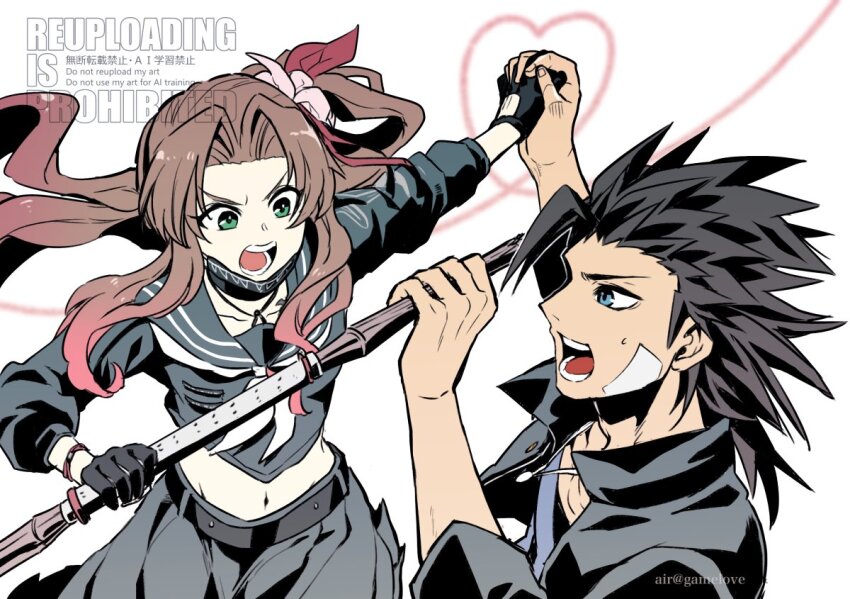 1boy 1girl aerith_gainsborough aerith_gainsborough_(midgard_seventh_high_school) aozora_airu bandaid bandaid_on_cheek bandaid_on_face black_gloves black_hair black_jacket black_sailor_collar black_serafuku black_skirt blue_shirt brown_hair commentary_request delinquent final_fantasy final_fantasy_vii final_fantasy_vii_ever_crisis flower gakuran gloves green_eyes hair_flower hair_ornament hair_ribbon heart holding holding_hands holding_weapon jacket jewelry long_hair looking_at_another mask mask_pull midriff mouth_mask navel necklace official_alternate_costume open_mouth parted_bangs pink_ribbon ribbon sailor_collar school_uniform serafuku shirt skirt spiked_hair sukeban sweatdrop upper_body weapon zack_fair zack_fair_(midgard_seventh_high_school)