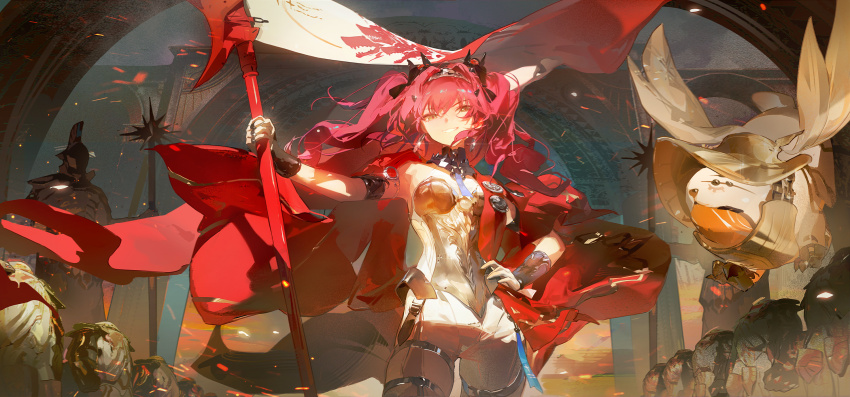 1girl armor black_bow bodysuit bow breastplate breasts chinese_commentary collar commentary_request cowboy_shot grin hair_bow hairband hand_on_own_hip headgear highres holding holding_polearm holding_weapon long_hair looking_at_viewer lupa_(wuthering_waves) medium_breasts metal_collar metal_hairband multiple_hair_bows pink_hair polearm red_sash sash smile solo tacet_discord_(wuthering_waves) tracyton weapon white_bodysuit wrist_guards wuthering_waves yellow_eyes