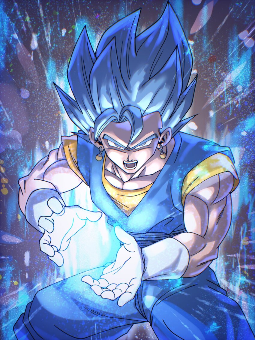 1boy aura blue_eyes blue_hair blue_pants blue_sash blue_shirt chiro_illust cowboy_shot dougi dragon_ball dragon_ball_super earrings gloves highres jewelry kamehameha_(dragon_ball) male_focus open_mouth orange_shirt pants potara_earrings powering_up sash shirt solo spiked_hair super_saiyan super_saiyan_blue teeth tongue vegetto white_gloves