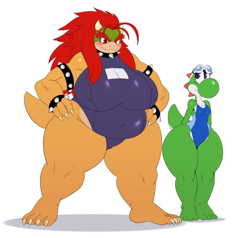 2girls belly blush bowser breasts choker eric_lowery fangs highres horns large_breasts long_hair mario_(series) matching_hair/eyes multiple_girls navel red_eyes red_hair simple_background standing super_mario_bros._1 swimsuit white_background yoshi