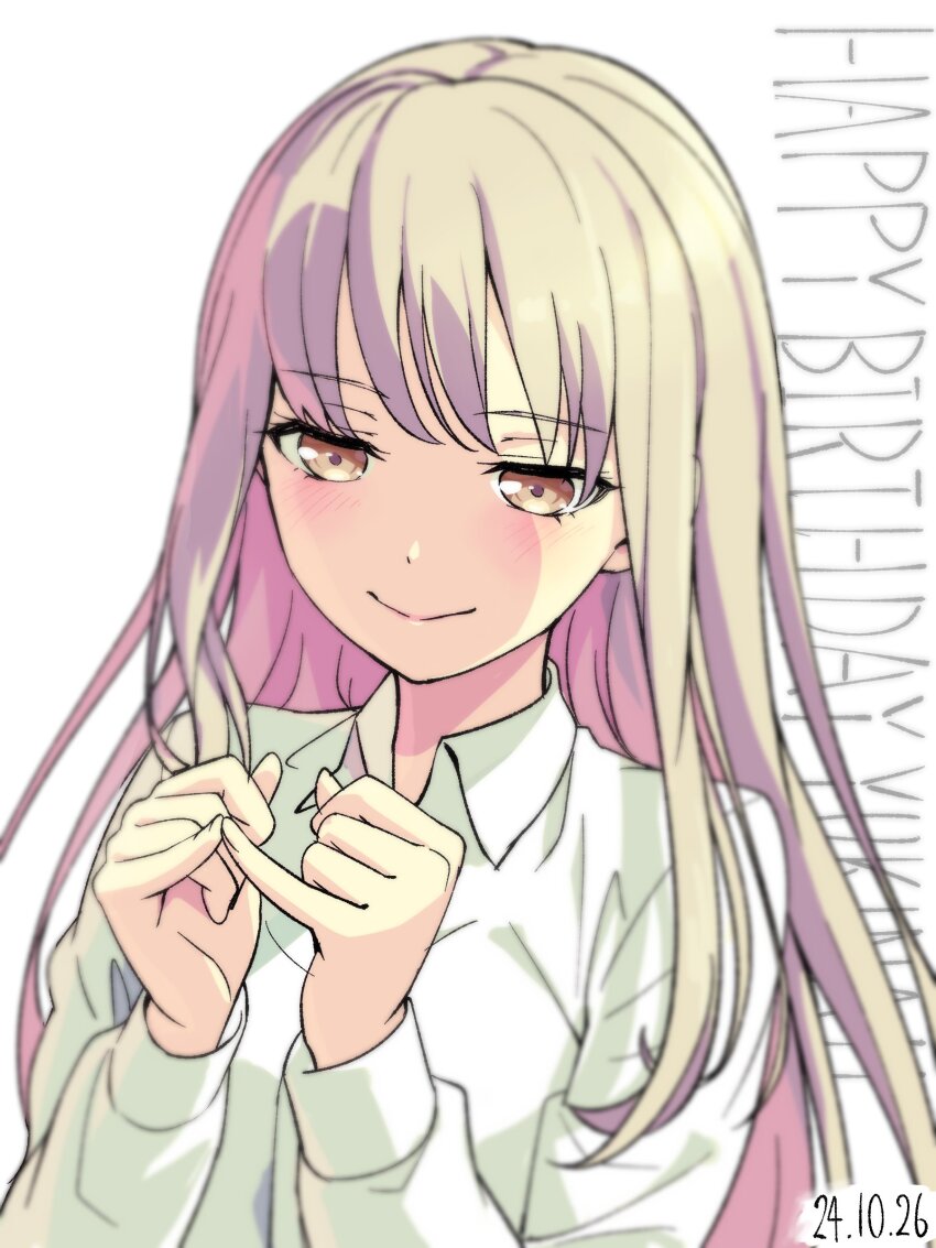 1girl absurdres bang_dream! dated grey_hair happy_birthday highres long_hair long_sleeves looking_at_viewer minato_yukina nobusawa_osamu simple_background smile solo white_background yellow_eyes