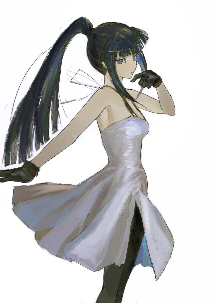 1girl ashashio bare_shoulders black_gloves black_hair black_pantyhose blue_eyes blunt_ends breasts dress feet_out_of_frame from_side gloves half-closed_eyes hand_up high_ponytail highres index_finger_raised long_hair looking_at_viewer looking_to_the_side medium_breasts minato_hikaru open_mouth pantyhose ponytail sidelocks simple_background sleeveless sleeveless_dress solo soukou_akki_muramasa spaghetti_strap standing white_background white_dress