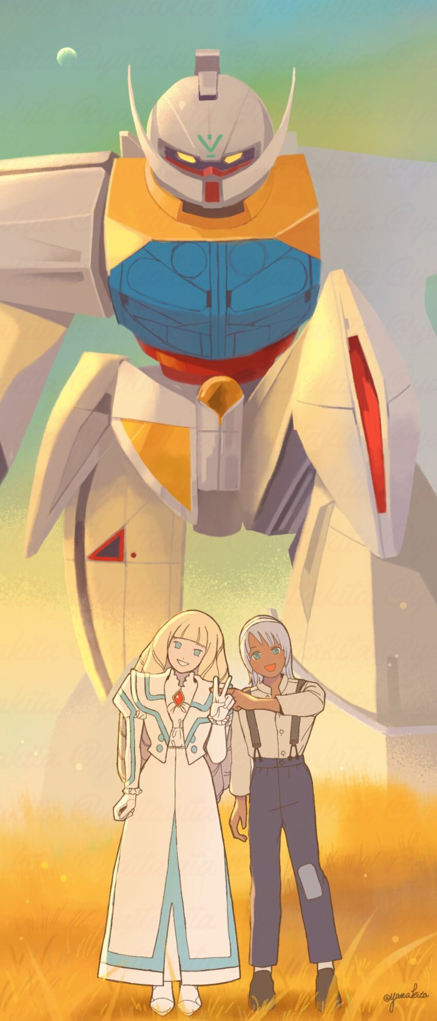 1boy 1girl absurdres artist_name black_pants blonde_hair dark-skinned_male dark_skin dianna_soreil gloves grass green_eyes grey_hair gundam hairband highres jacket juliet_sleeves long_hair long_skirt long_sleeves looking_at_viewer loran_cehack mecha mobile_suit pants puffy_sleeves robot shirt skirt sky smile suspenders turn_a_gundam turn_a_gundam_(mobile_suit) v very_long_hair white_footwear white_gloves white_hairband white_jacket white_shirt white_skirt yatta_kita yellow_eyes yellow_shirt