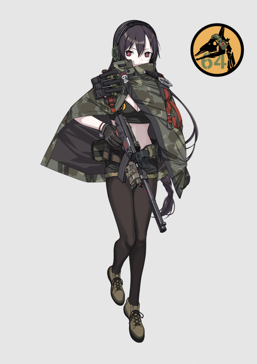 1girl absurdres alternate_costume belt belt_pouch black_gloves black_hair braid breasts camouflage camouflage_shorts cleavage cloak commentary_request covered_mouth crop_top earmuffs explosive expressionless female_focus flashbang girls&#039;_frontline gloves grenade grey_background gun gun_sling hair_between_eyes headphones highres holding holding_gun holding_weapon integral_suppressor integrally-suppressed_firearm logo long_hair looking_at_viewer magazine_(weapon) medium_breasts midriff military military_uniform mod3_(girls&#039;_frontline) pantyhose pouch red_eyes shoes short_shorts shorts sidelocks simple_background skeleton solo strap submachine_gun suppressor type_64_(girls&#039;_frontline) type_64_(mod3)_(girls&#039;_frontline) type_64_smg weapon woodland_camouflage yitiao_er-hua