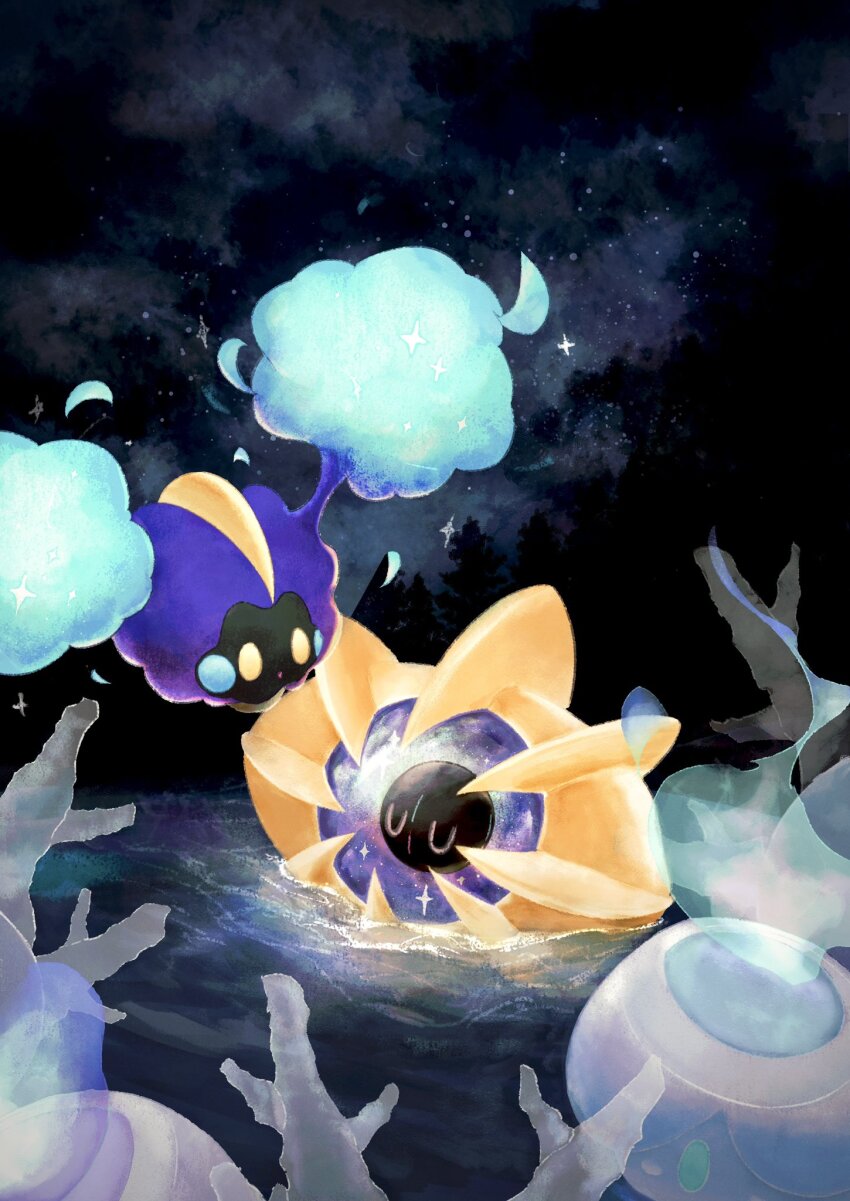 afloat closed_eyes cosmoem cosmog cursola evolutionary_line fireblast floating gen_7_pokemon gen_8_pokemon highres legendary_pokemon night nintendo no_humans pokemon pokemon_(creature) solid_oval_eyes sparkle water yellow_eyes