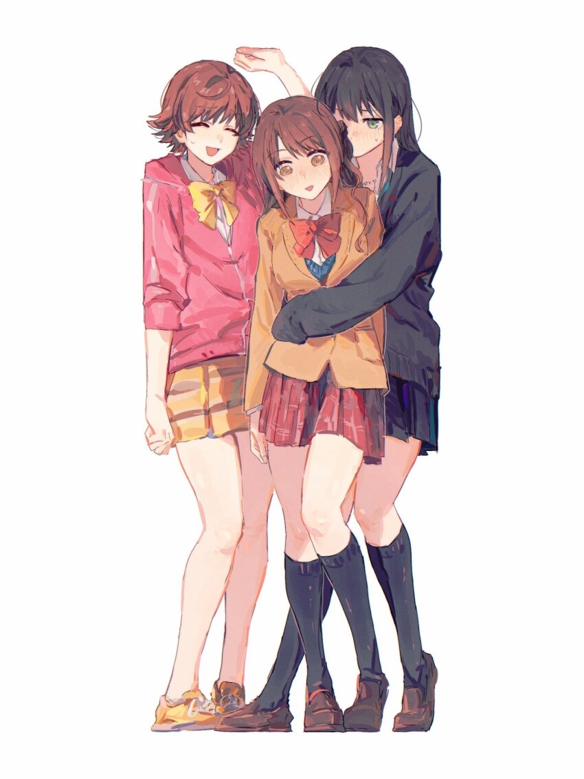 3girls @_@ ^_^ bare_legs black_cardigan black_hair black_socks blazer blush brown_hair brown_jacket cardigan closed_eyes full_body highres honda_mio hug hug_from_behind idolmaster idolmaster_cinderella_girls invisible_wall jacket looking_at_another looking_down multiple_girls new_generations_(idolmaster) pink_jacket school_uniform shibuya_rin shimamura_uzuki simple_background smile socks sweatdrop white_background yumi_xsh yuri