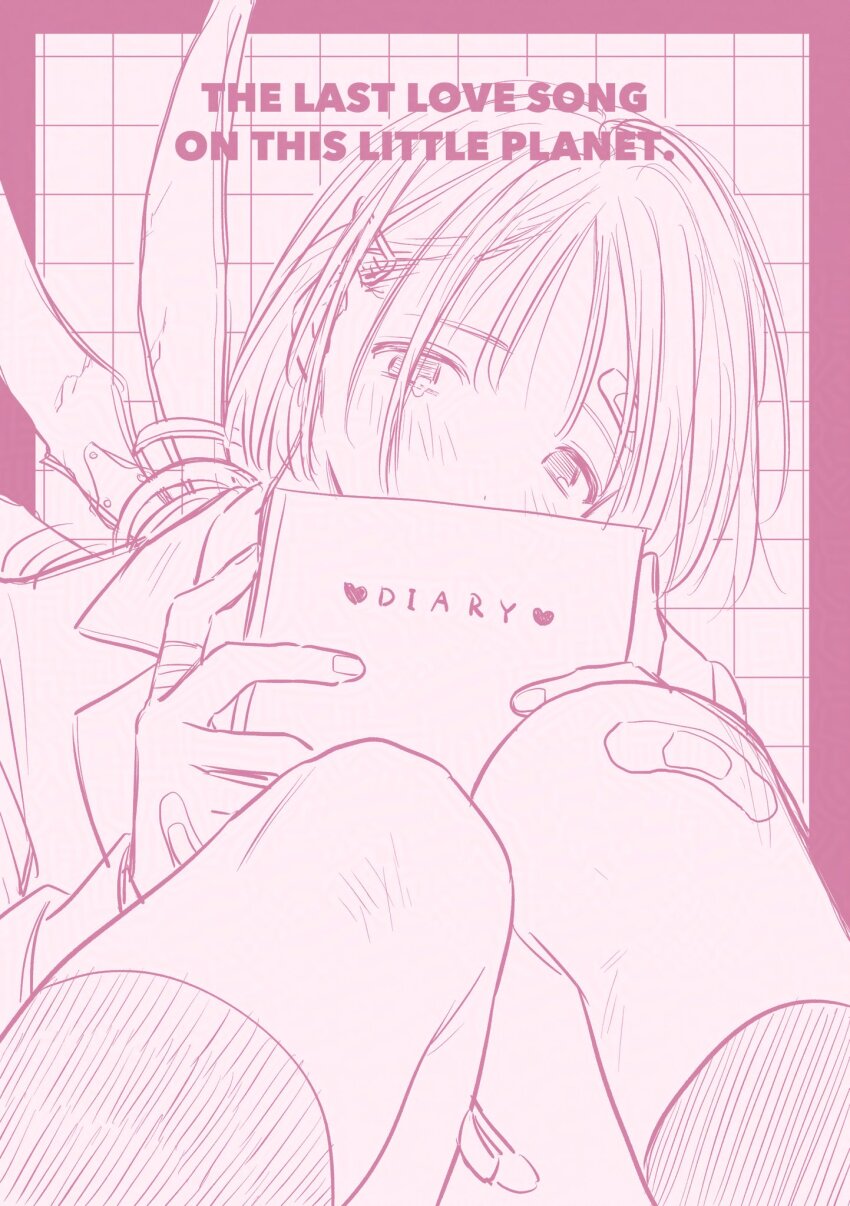 1girl bandaged_fingers bandages bandaid bandaid_on_face bandaid_on_forehead bandaid_on_hand bandaid_on_knee bandaid_on_leg blazer blush book border checkered_background chise_(saishuu_heiki_kanojo) covered_mouth diary english_text hair_ornament hairclip head_tilt highres holding holding_book jacket kneehighs lapels looking_at_viewer mechanical_wings monochrome notched_lapels pink_theme saishuu_heiki_kanojo sasamigumi school_uniform short_hair sitting sketch socks solo straight_hair tears wings