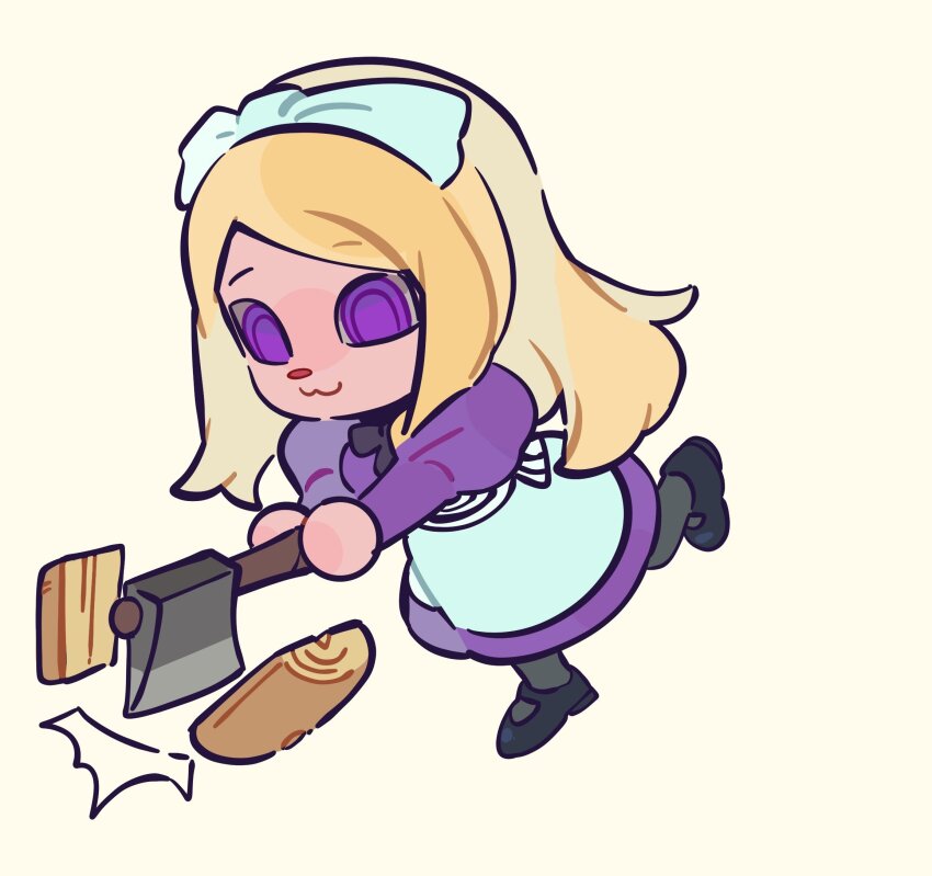 1girl animal_crossing apron axe axis_powers_hetalia belarus_(hetalia) blonde_hair chibi dress hairband highres holding holding_axe juliet_sleeves long_hair long_sleeves nintendo pantyhose puffy_sleeves purple_eyes shoes tsunamio7 white_hairband