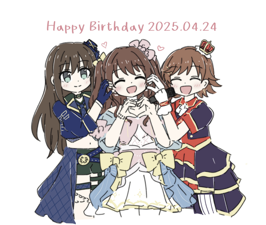 ^_^ absurdres black_hair blush brown_hair closed_eyes commentary_request cropped_legs crown dated flipped_hair half-heart_hands happy_birthday hat head_tilt heart heart_hands highres holding holding_microphone honda_mio idol_clothes idolmaster idolmaster_cinderella_girls leicalam microphone mini_crown mini_hat navel new_generations_(idolmaster) one_side_up shibuya_rin shimamura_uzuki short_hair simple_background smile stomach straight_hair white_background