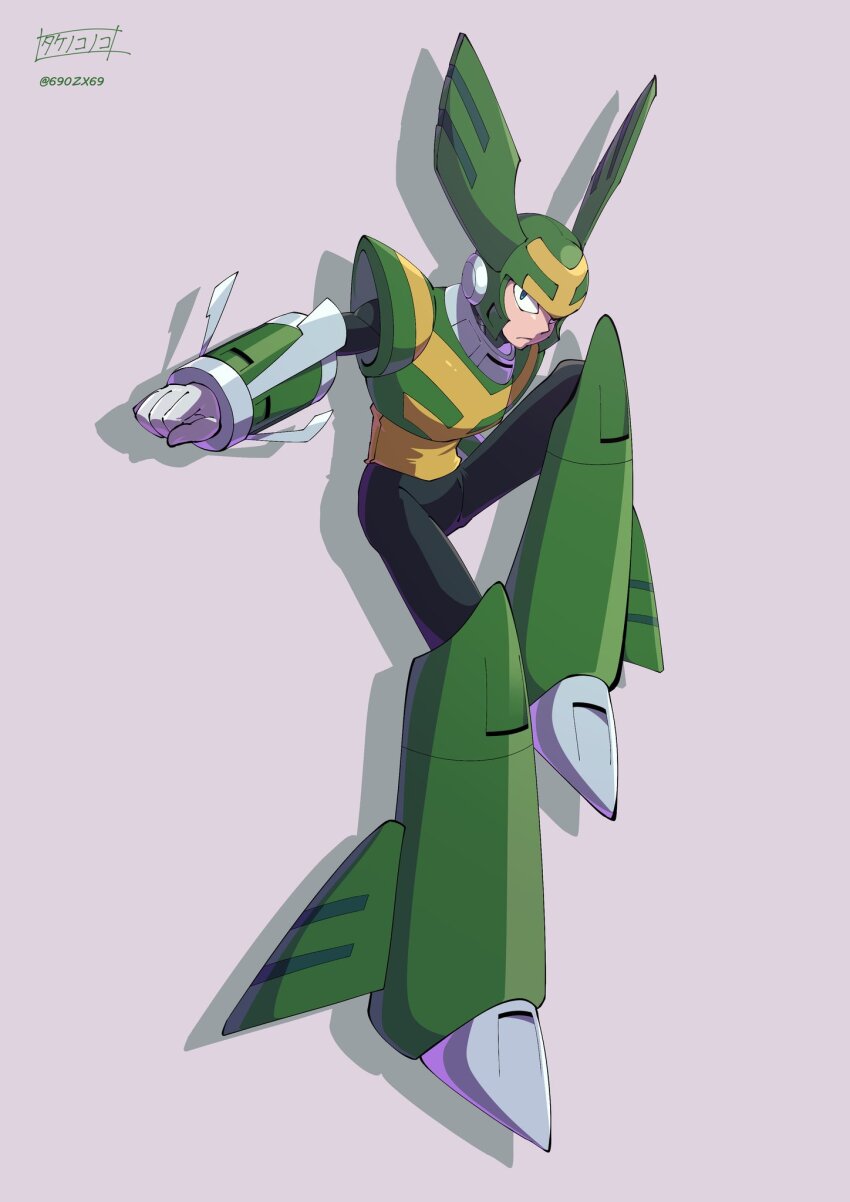 1boy android arm_cannon armor artist_name black_bodysuit blue_eyes bodysuit boots clenched_hand closed_mouth commentary_request drop_shadow frown full_body gloves green_armor green_headwear grey_background helmet highres knee_boots looking_at_viewer male_focus mega_man_(classic) mega_man_(series) mega_man_9 armored_boots simple_background solo takenokonoko tornado_man twitter_username weapon white_gloves winged_helmet