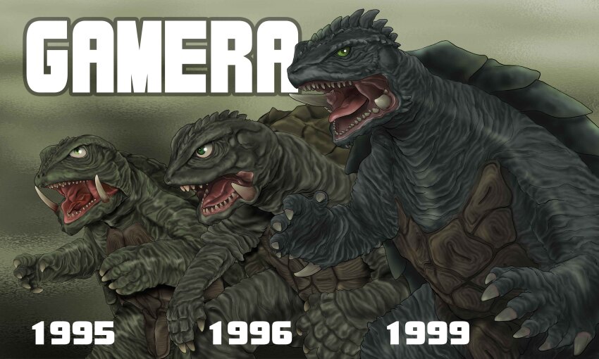 absurdres age_progression alternate_form character_name claws daiei_film gamera gamera:_guardian_of_the_universe gamera_(series) gamera_2:_attack_of_legion gamera_3:_revenge_of_iris giant giant_monster green_background green_eyes highres kaiju monster multiple_persona no_humans open_mouth roaring satoru33 simple_background tongue transformation turtle tusks