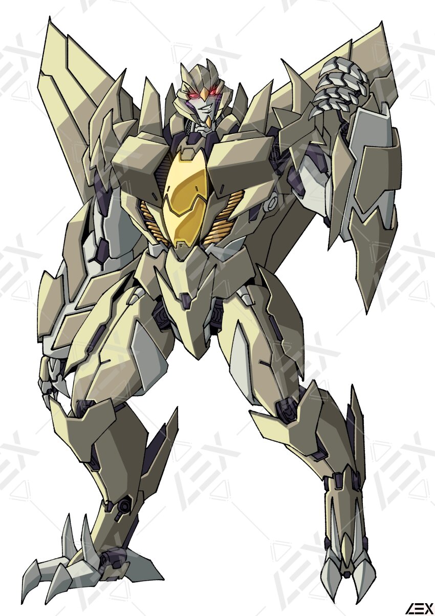 absurdres artist_logo cockpit contrapposto f-22_raptor fusion highres lextodrawstuff logo mecha mechanical_hands no_humans red_eyes robot starscream transformers transformers_(live_action) transformers_prime villain_pose white_background wings