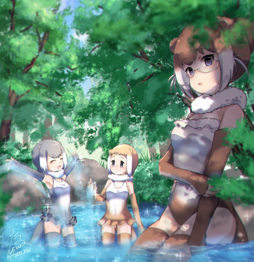 10s 3girls animal_ears blush brown_hair elbow_gloves eurasian_otter_(kemono_friends) fingerless_gloves fur_collar glasses gloves grey_hair highres japanese_otter_(kemono_friends) kemono_friends light_brown_hair multicolored_hair multiple_girls one-piece_swimsuit otter_ears otter_tail partially_submerged short_hair signature small-clawed_otter_(kemono_friends) swimsuit tail tatsuno_newo thighhighs wading water white_hair