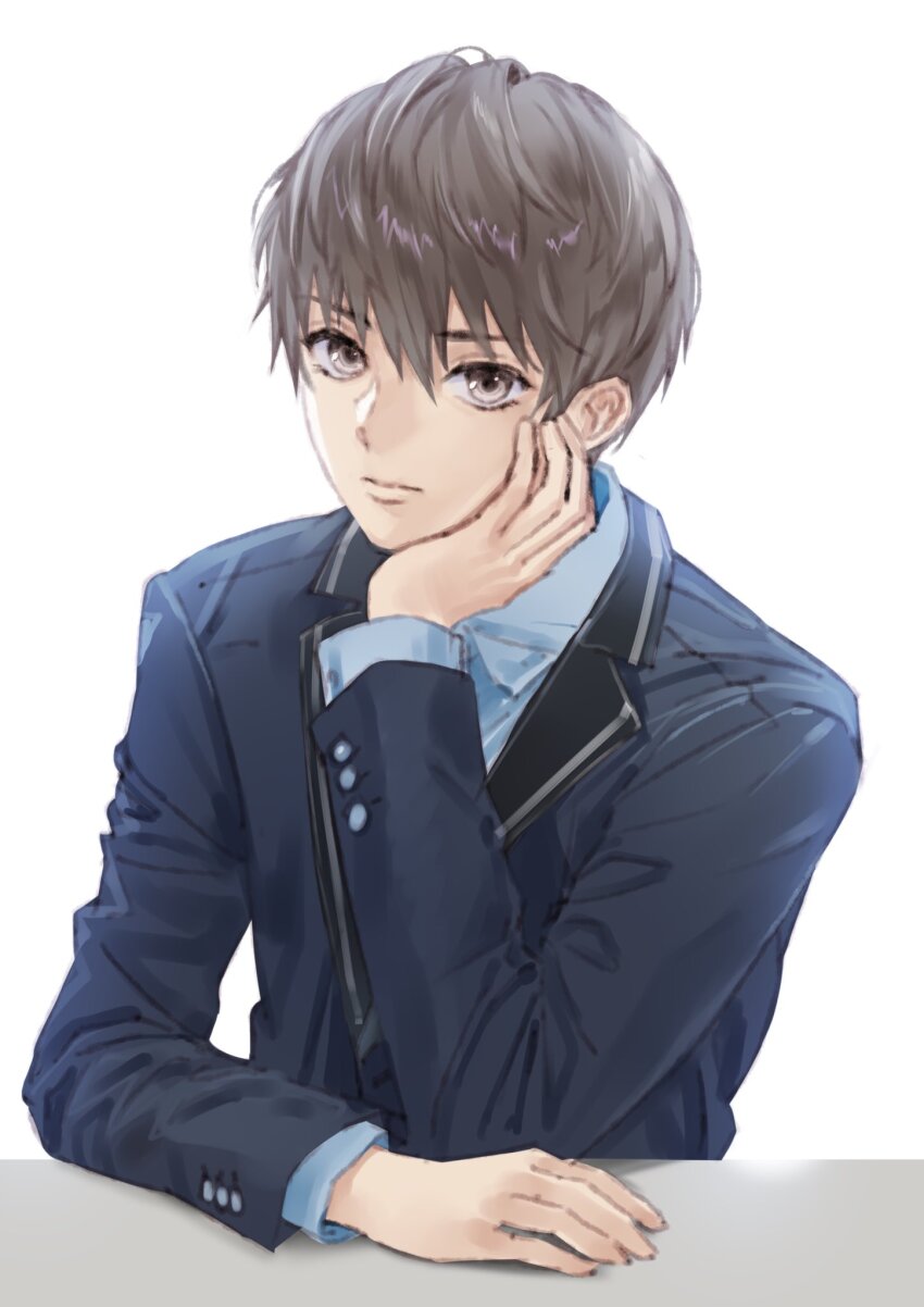 1boy blazer blue_jacket blue_reflection_(series) blue_reflection_sun brown_eyes brown_hair closed_mouth collared_shirt hand_on_own_cheek hand_on_own_face head_rest highres jacket kishida_mel lapels long_sleeves looking_at_viewer male_focus protagonist_(blue_reflection_sun) school_uniform shirt short_hair simple_background solo upper_body white_background white_shirt